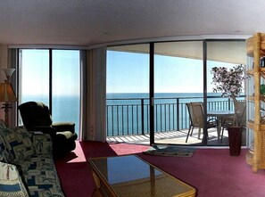 The ocean view is a major focal point of the living space.