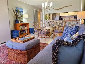Living room with a comfy queen murphy bed
