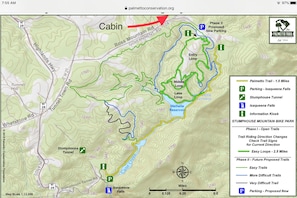 Map of Stumphouse Mountain Bike Trail and proximity to cabin. 