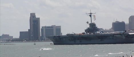 Day view of USS Lexington and Corpus from balcony and inside condo