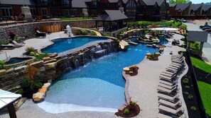 Aerial view of our beautiful pools. Top infinity pool and bottom is zero entry!