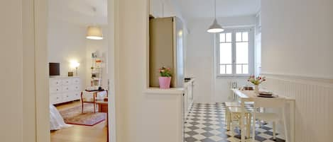 Kitchen and Vintage room, view from the corridor.