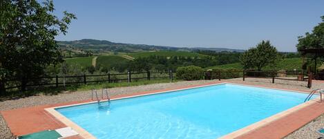 The Montegonfoli pool with a view on San Gimignano and Tuscany hills