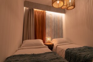 Modern bedroom with two single beds 