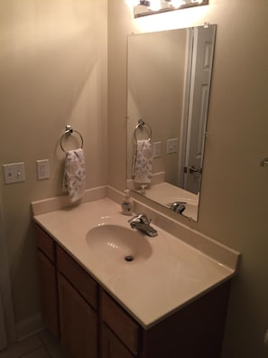Bathroom vanity cabinet and mirror.