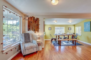 A lovely reading corner with a warm Edison light