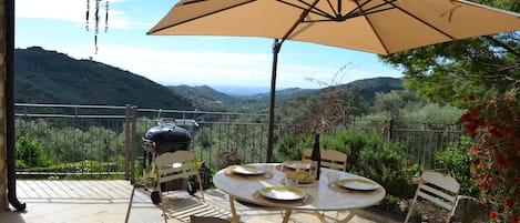 Terrace with sea view, surrounded by olive trees. Barbecue available