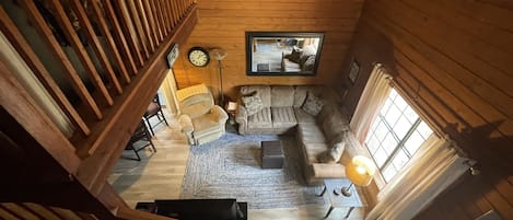 NEW FLOORING SEPT 2023~ living room view from upstairs bedroom~ no privacy walls