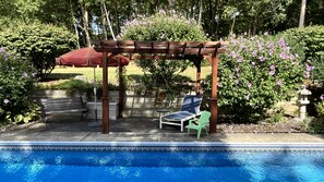 Shaded seating by the pool