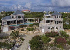 Aerial view of Villa Gardenia. Main villa on the left. Guest villa on the right