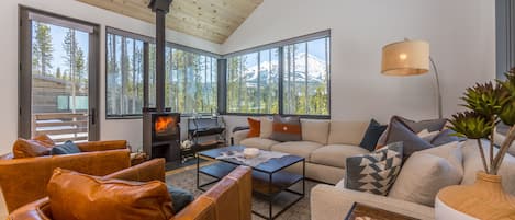 Living Room with wood burning stove and seating for many