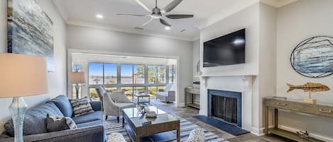Beautiful Living Room with Water Views at 17 Lands End