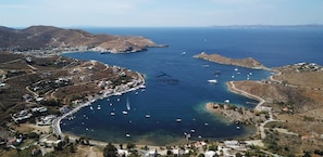 The marina at Vourkari, with restaurants, cafes and bars.