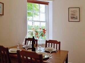 Dining room with lovely view over the garden | Dunlappie Lodge, Edzell, near Brechin