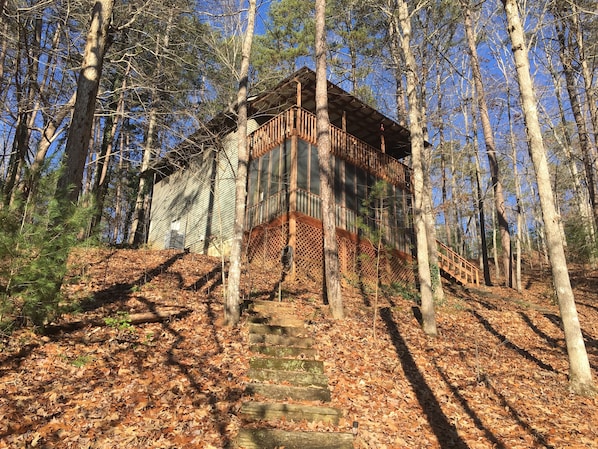 The cabin looking up from the boat dock.