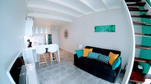 Overview of living room and kitchen