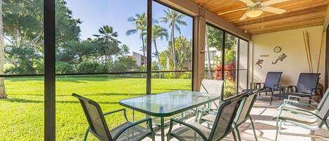 A screened-in lanai off living room and 'king' bedroom (#1).  So comfortable!