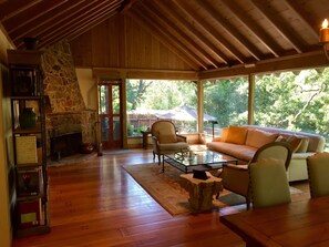 Living room with huge fireplace