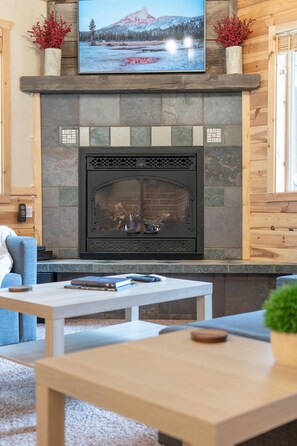 Cozy propane fireplace and Samsung's "The Frame" TV that doubles as artwork. 