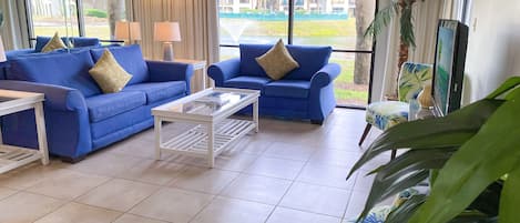 Sapphire Coast, Edgewater Villa 1103 in beautiful Panama City Beach, Florida.  Kick back and relax on the living room sofa, love seat, or side chairs