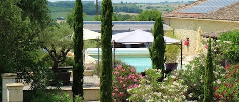 View to pool and pétanque court