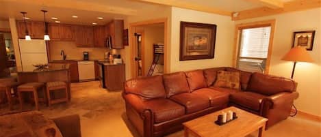 Leather Sectional w/ Queen Sofa Sleeper - Pine Beams Throughout