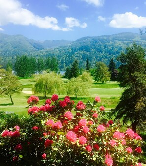 Beautiful view from patio of Lake Whatcom, golf course and foothills. 