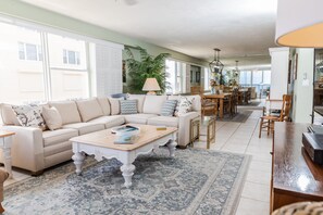 Lots of comfy seating on Ethan Allen sofa with queen size inflatable mattress.