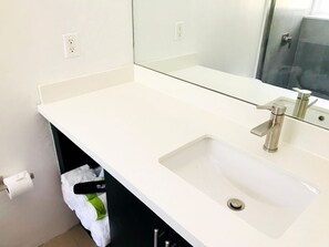 Bathroom sink with wall to wall mirror