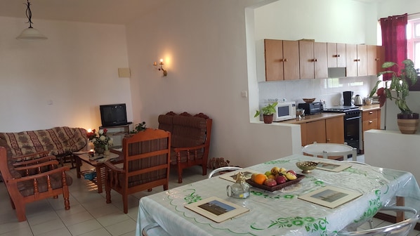 séjour,salle à manger et cuisine americaine entièrement equipé.