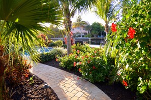 ...walking the new paver pathway leads to an inviting tropical backyard setting.