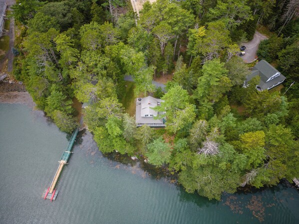 Water's Edge aerial of cottage and dock