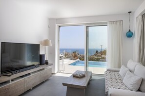 A large 55 TV can be found in the living room, which leads to the pool.