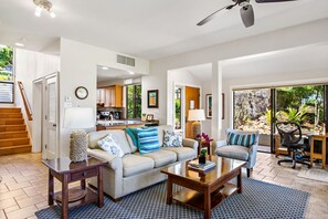 Main living area featuring a Queen sized sofa sleeper for additional guests