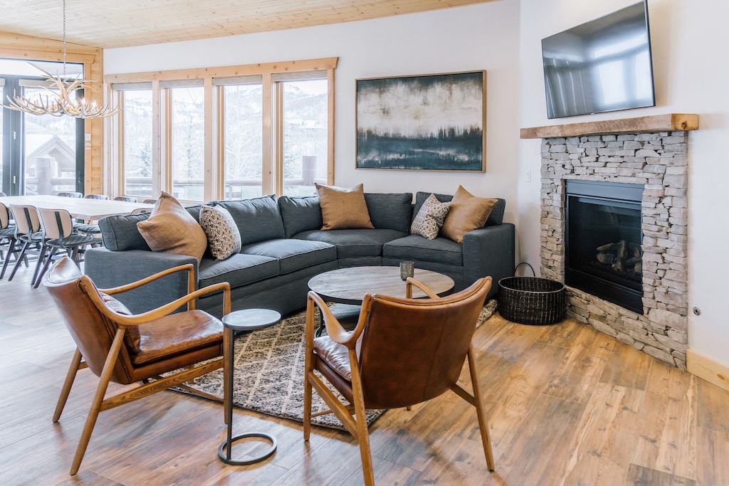 Upstairs living room with electric fireplace. 