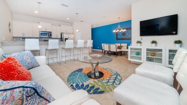 Open concept kitchen, living and dining area
