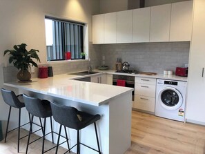 Fully functional new kitchen, with dishwasher and washing machine, oven and job. 