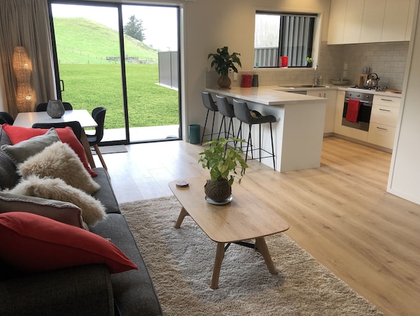 view of living area from the fireplace