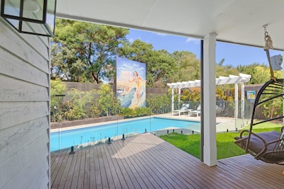 walk to beach, heated magnesium pool, luxury family home with secure entrance