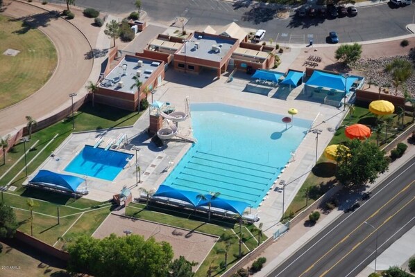 Nearby pool with slides
