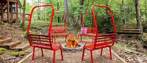 Chairway to Heaven Firepit overlooking the stream is the perfect Instagram photo