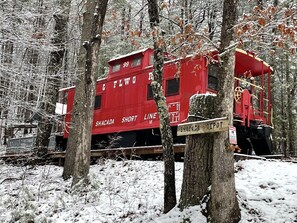 Red caboose in the snow!