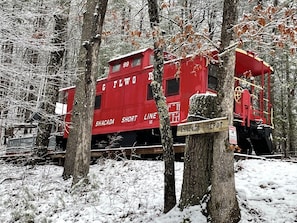 Red caboose in the snow!