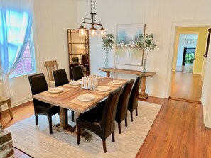 Formal but cozy dining table for 8. 