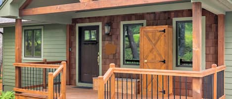 Ski locker and ski boot locker on front porch