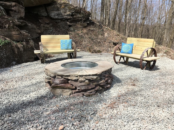 the fire pit with custom benches.