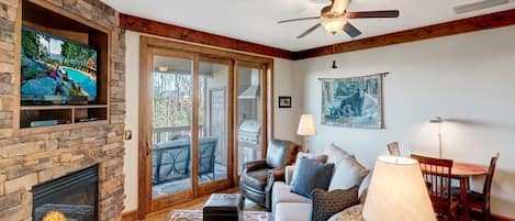 Living Room--- Cozy Fireplace and TV