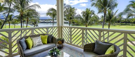 Private Lanai with String Lights and Comfy Furniture