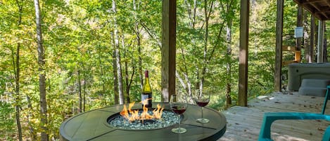 Fire Pit and Hot Tub Area Overlooking Rushing Creek in North Carolina Mountains
