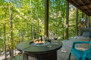 Fire Pit and Hot Tub Area Overlooking Rushing Creek in North Carolina Mountains
